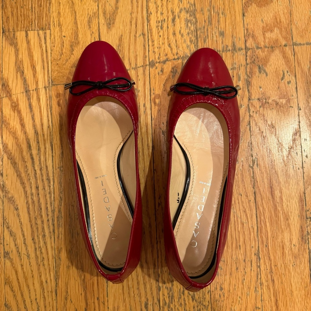 Casadei Cherry Red Leather Flats with Black Bows